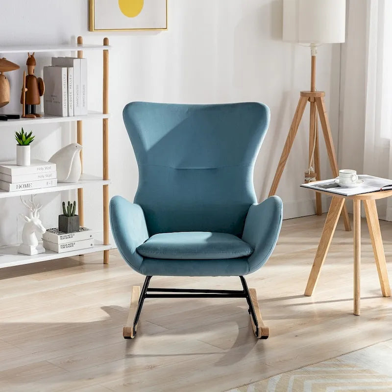 Velvet Upholstered Rocking Chair with Rubber Wood Legs