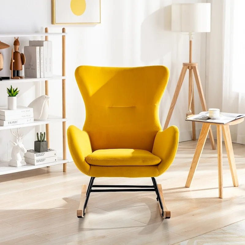 Velvet Upholstered Rocking Chair with Rubber Wood Legs