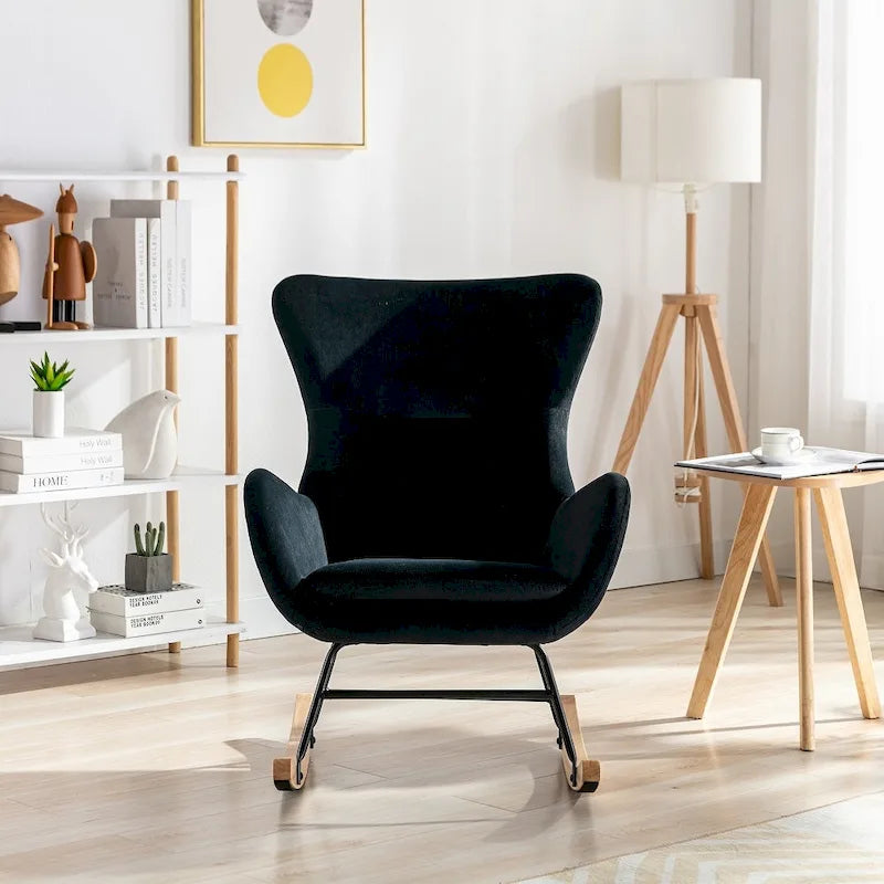Velvet Upholstered Rocking Chair with Rubber Wood Legs