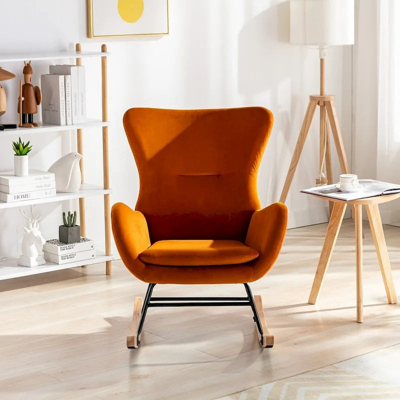 Velvet Upholstered Rocking Chair with Rubber Wood Legs