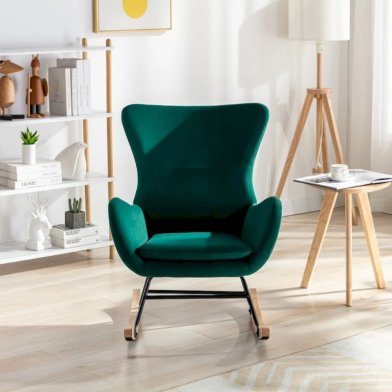 Velvet Upholstered Rocking Chair with Rubber Wood Legs