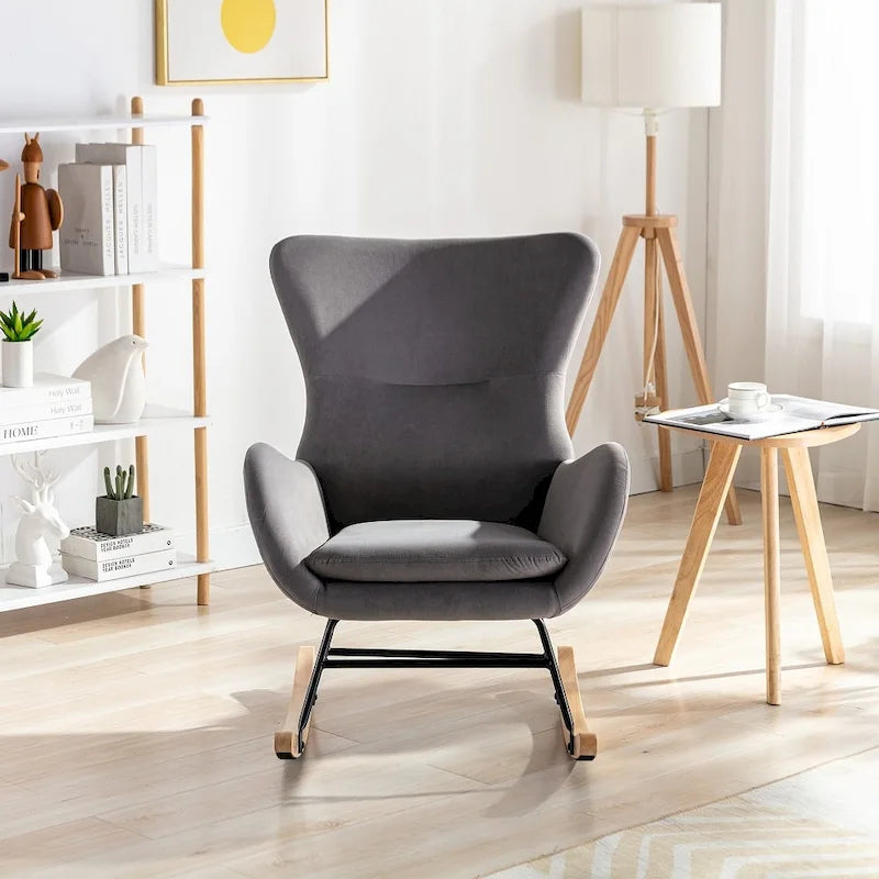 Velvet Upholstered Rocking Chair with Rubber Wood Legs
