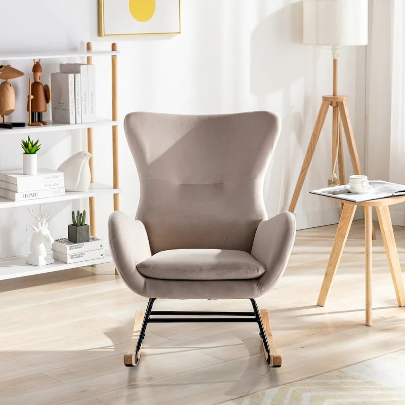 Velvet Upholstered Rocking Chair with Rubber Wood Legs