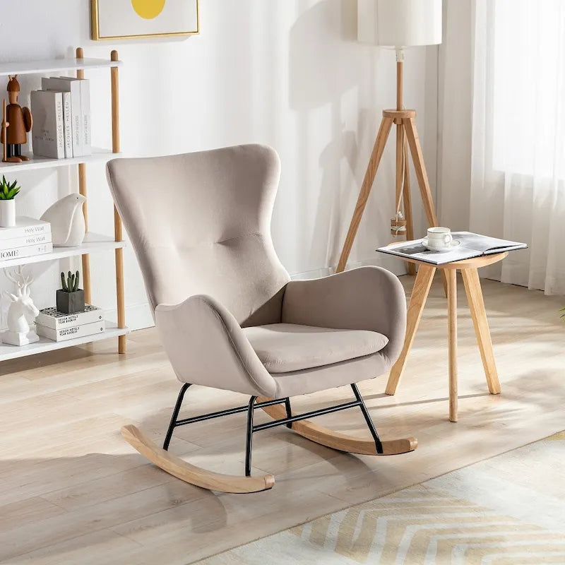 Velvet Upholstered Rocking Chair with Rubber Wood Legs