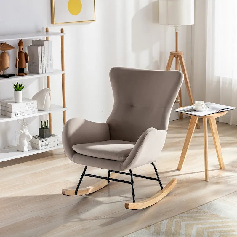 Velvet Upholstered Rocking Chair with Rubber Wood Legs