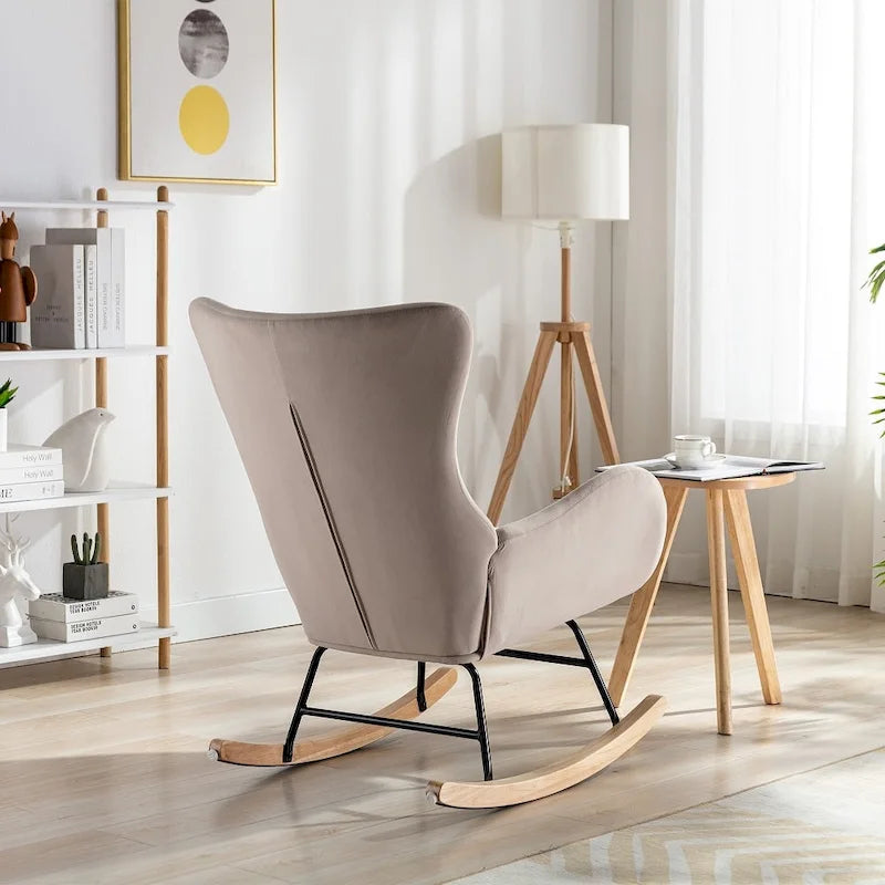 Velvet Upholstered Rocking Chair with Rubber Wood Legs