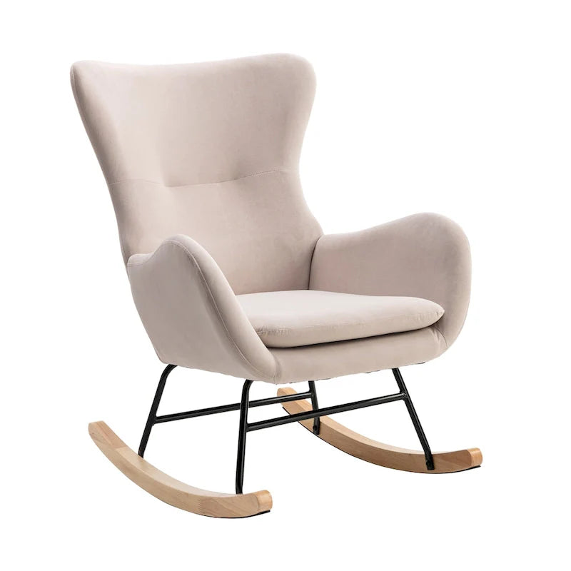 Velvet Upholstered Rocking Chair with Rubber Wood Legs