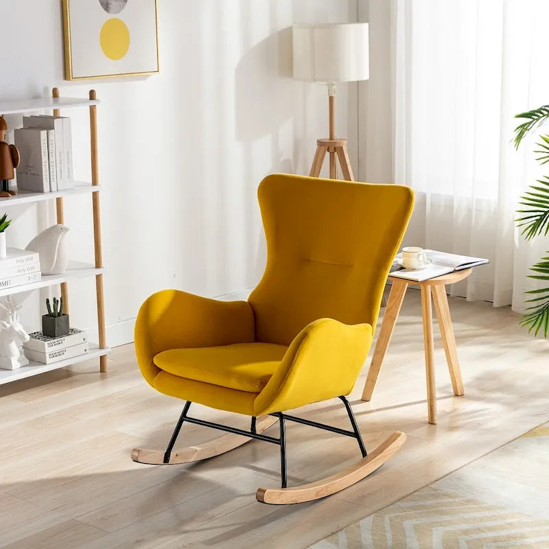 Velvet Upholstered Rocking Chair with Rubber Wood Legs