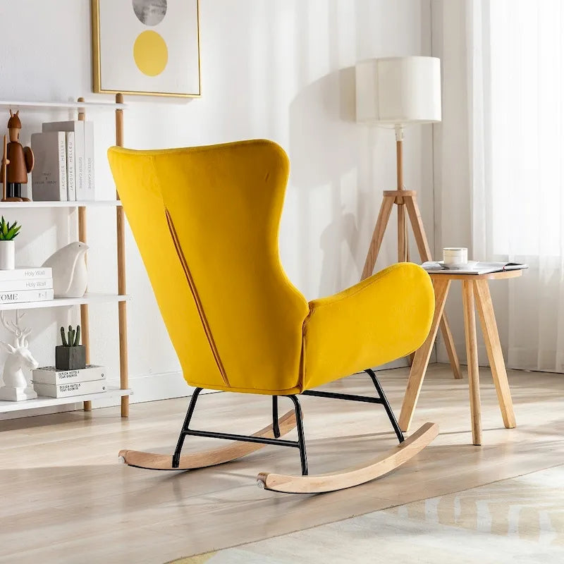 Velvet Upholstered Rocking Chair with Rubber Wood Legs