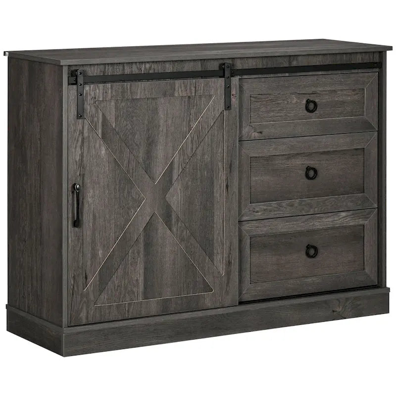 HOMCOM Farmhouse Coffee Bar Cabinet, Kitchen Sideboard, Buffet Cabinet with Sliding Barn Door and 3 Storage Drawers, Dark Grey
