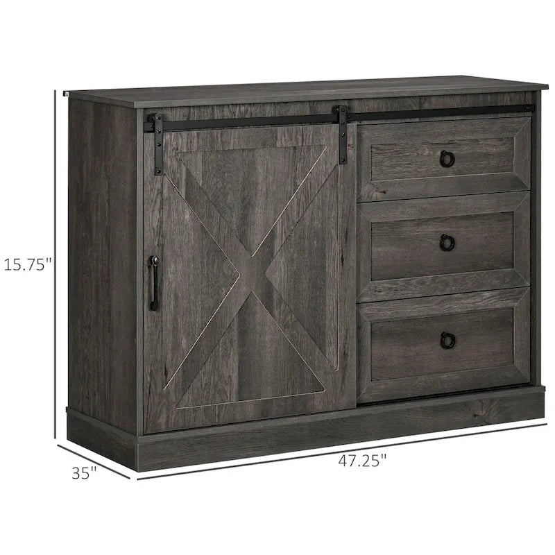 HOMCOM Farmhouse Coffee Bar Cabinet, Kitchen Sideboard, Buffet Cabinet with Sliding Barn Door and 3 Storage Drawers, Dark Grey