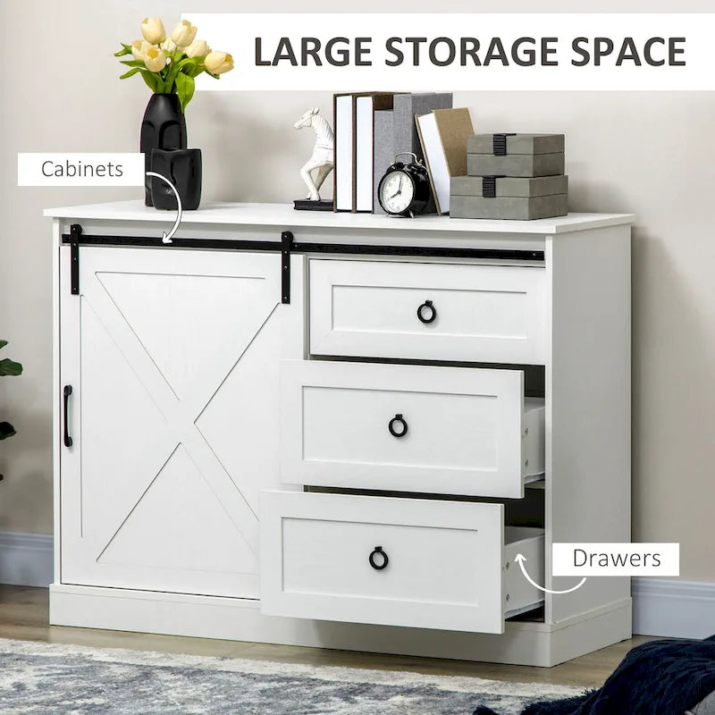 HOMCOM Farmhouse Coffee Bar Cabinet, Kitchen Sideboard, Buffet Cabinet with Sliding Barn Door and 3 Storage Drawers, Dark Grey