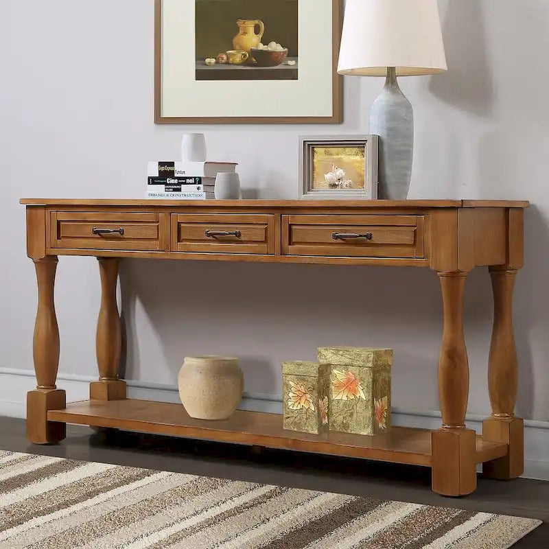 Distressed Pine Wood Console Table with 3 Drawers and Bottom Shelf
