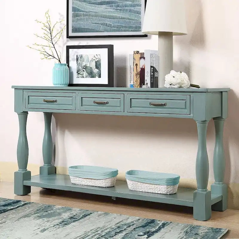 Distressed Pine Wood Console Table with 3 Drawers and Bottom Shelf