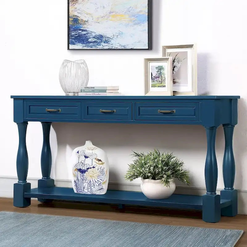 Distressed Pine Wood Console Table with 3 Drawers and Bottom Shelf
