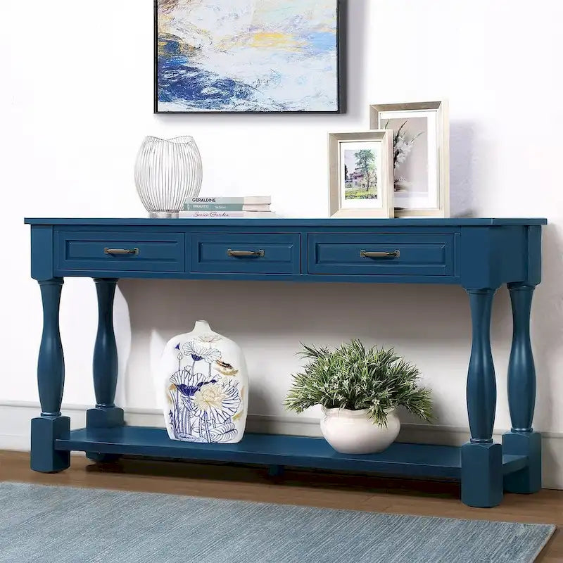 Distressed Pine Wood Console Table with 3 Drawers and Bottom Shelf