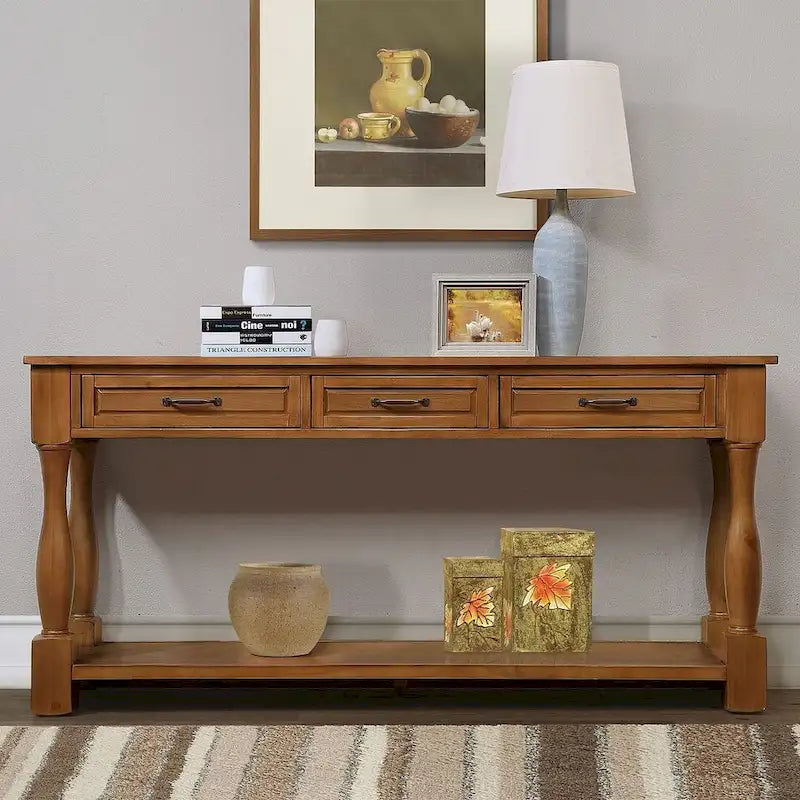 Distressed Pine Wood Console Table with 3 Drawers and Bottom Shelf