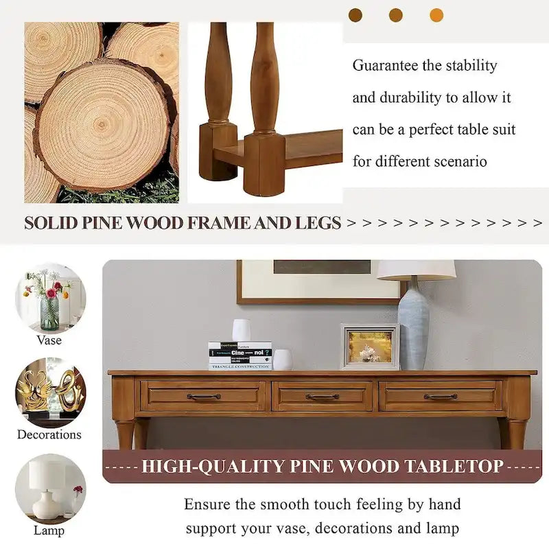 Distressed Pine Wood Console Table with 3 Drawers and Bottom Shelf