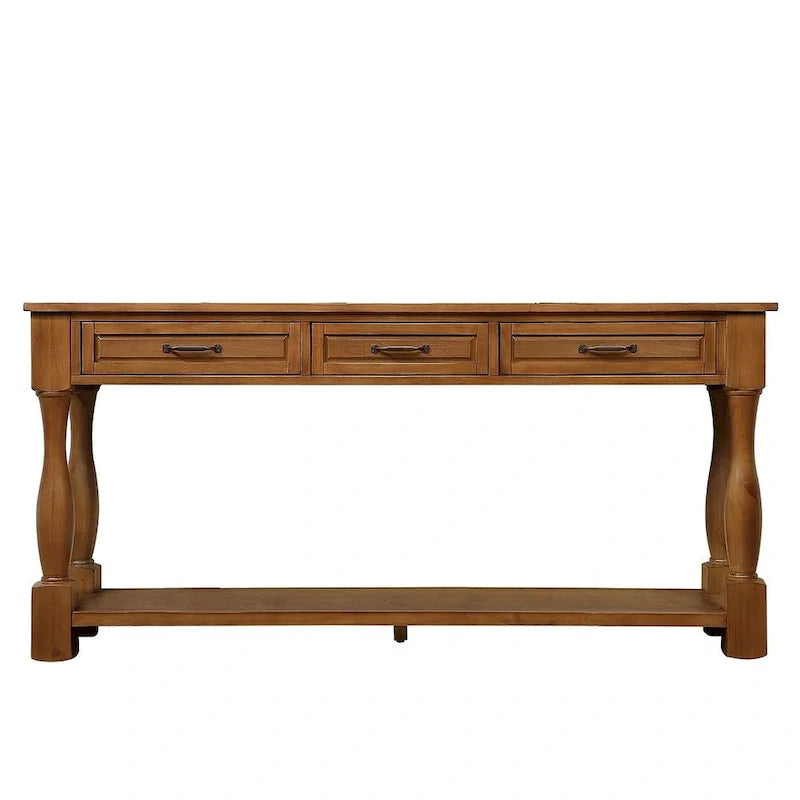 Distressed Pine Wood Console Table with 3 Drawers and Bottom Shelf