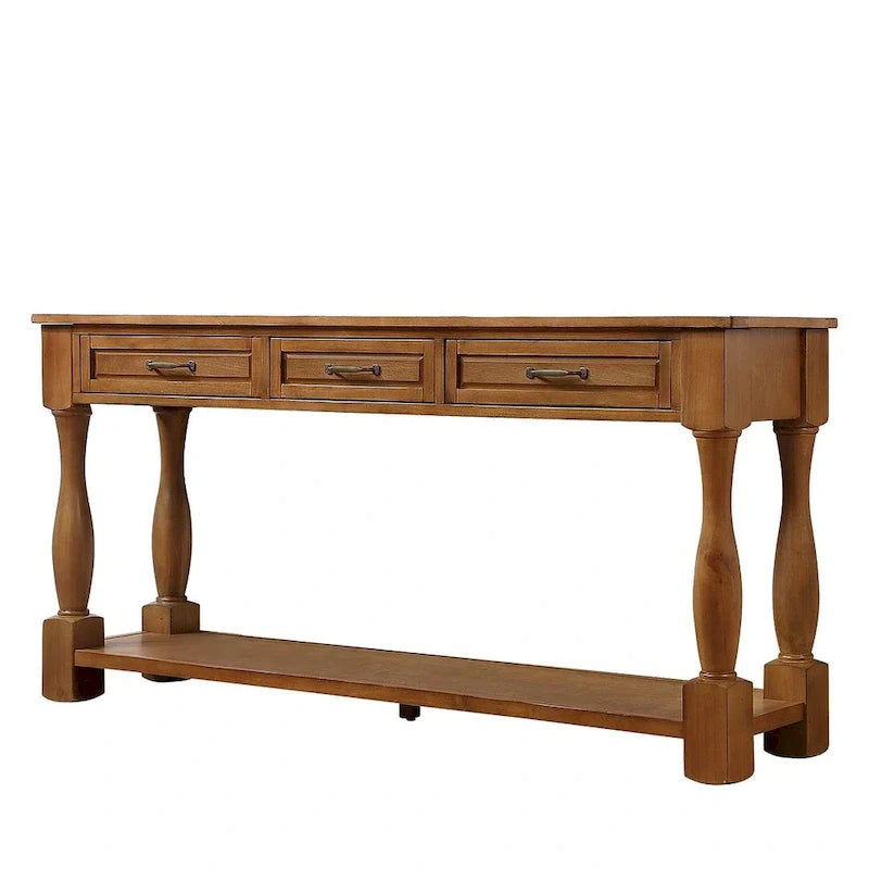 Distressed Pine Wood Console Table with 3 Drawers and Bottom Shelf