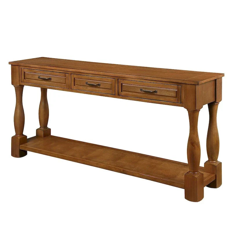 Distressed Pine Wood Console Table with 3 Drawers and Bottom Shelf