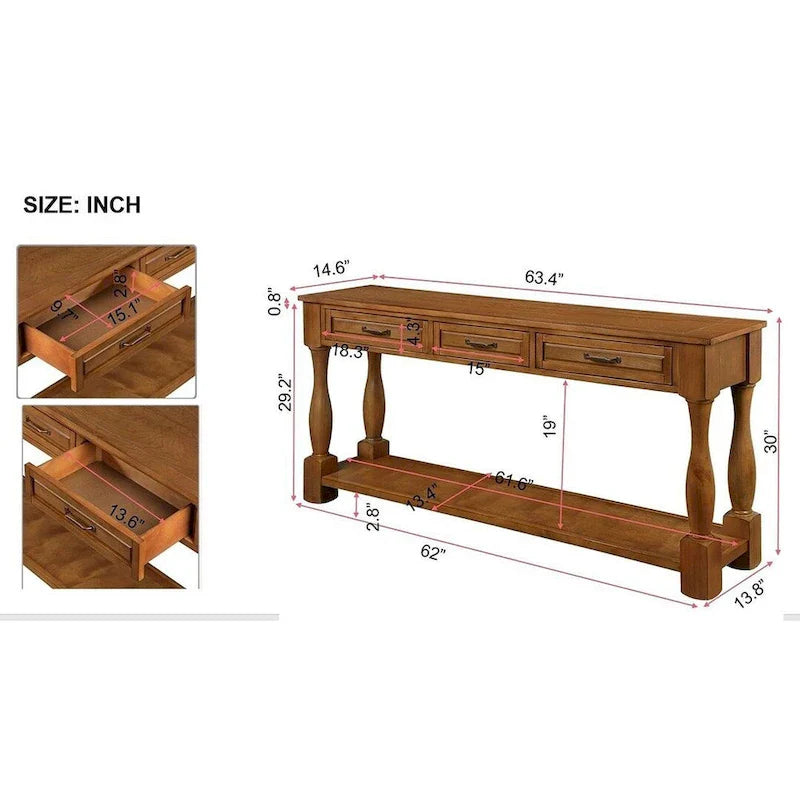 Distressed Pine Wood Console Table with 3 Drawers and Bottom Shelf