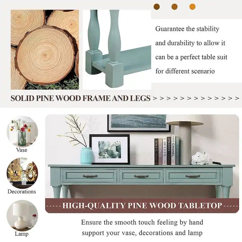 Distressed Pine Wood Console Table with 3 Drawers and Bottom Shelf