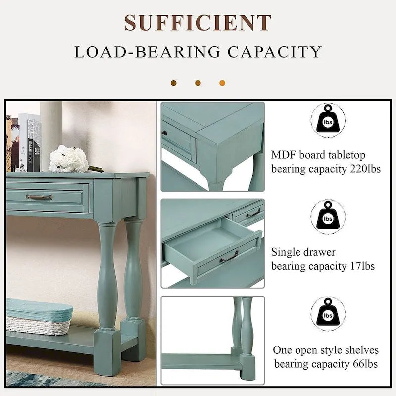 Distressed Pine Wood Console Table with 3 Drawers and Bottom Shelf