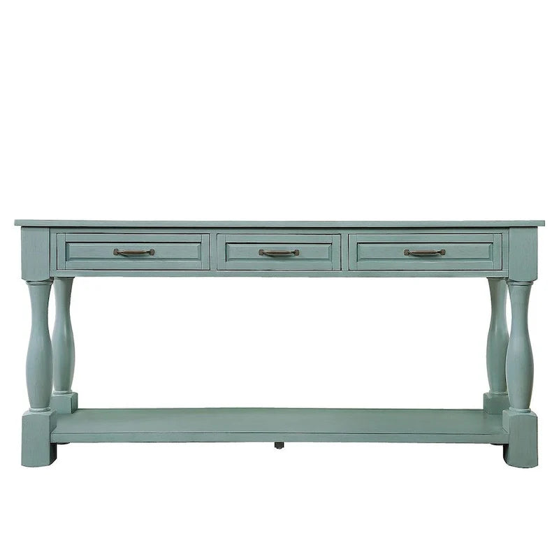 Distressed Pine Wood Console Table with 3 Drawers and Bottom Shelf