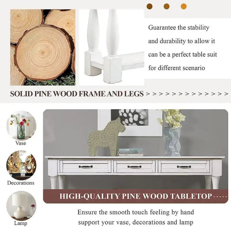 Distressed Pine Wood Console Table with 3 Drawers and Bottom Shelf