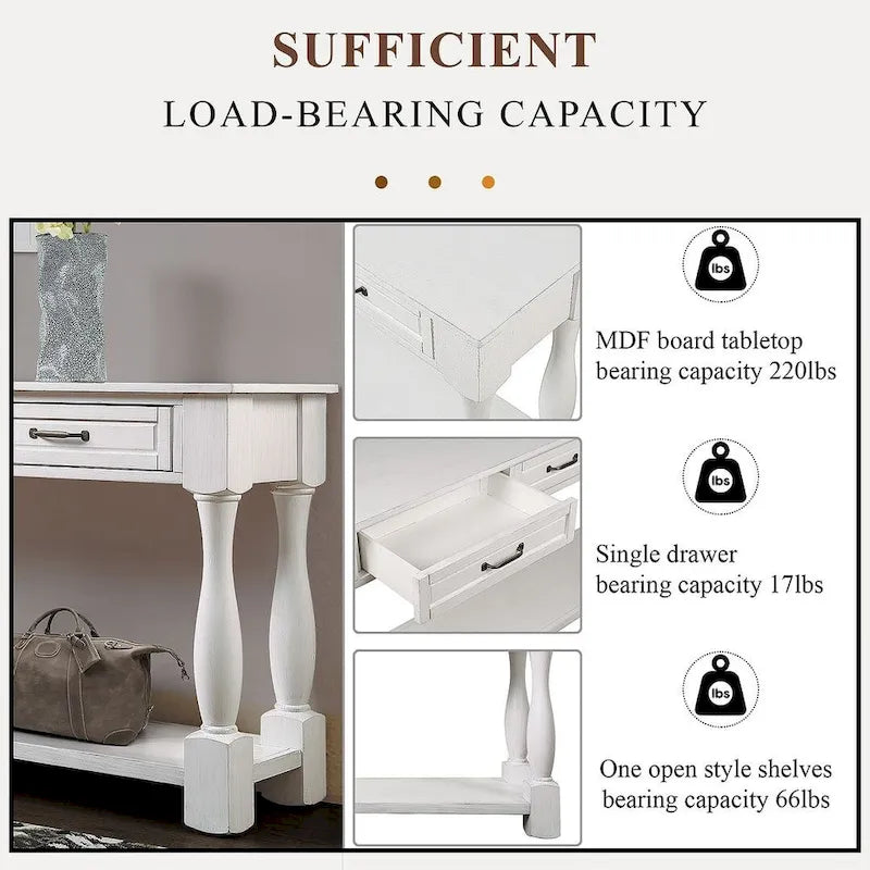 Distressed Pine Wood Console Table with 3 Drawers and Bottom Shelf