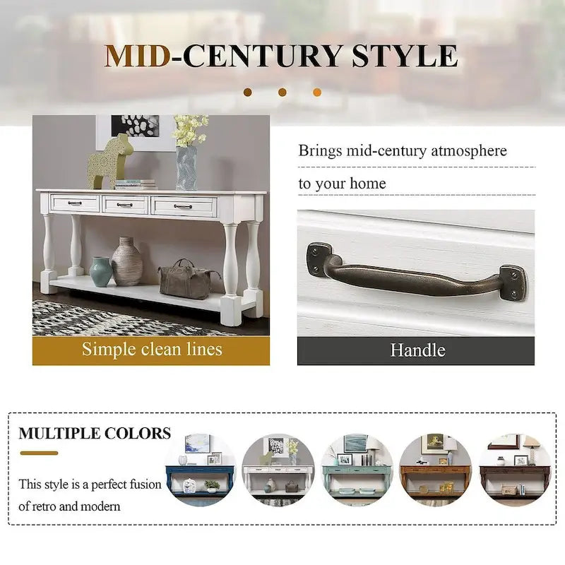 Distressed Pine Wood Console Table with 3 Drawers and Bottom Shelf