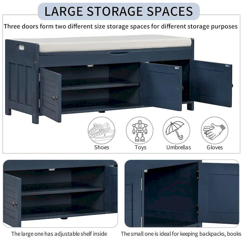 3-drawer Wooden Storage Bench with Cushion