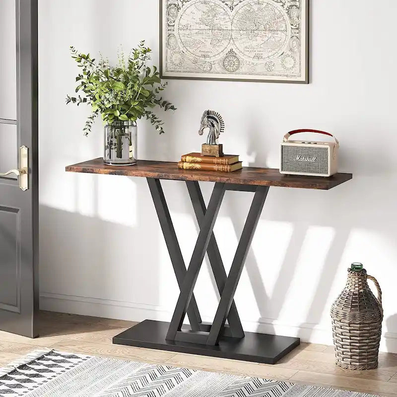 Narrow Industrial Console Table with V-Shaped Metal Frame