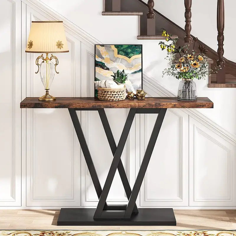 Narrow Industrial Console Table with V-Shaped Metal Frame