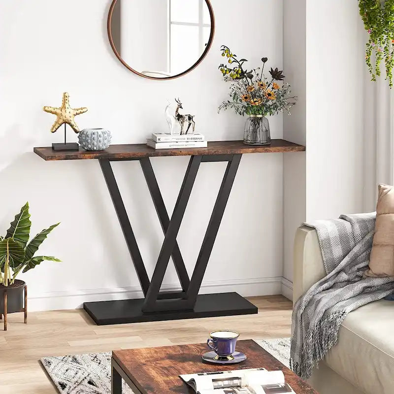 Narrow Industrial Console Table with V-Shaped Metal Frame