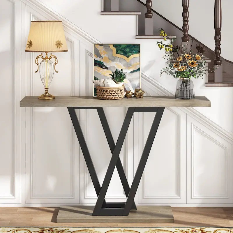 Narrow Industrial Console Table with V-Shaped Metal Frame