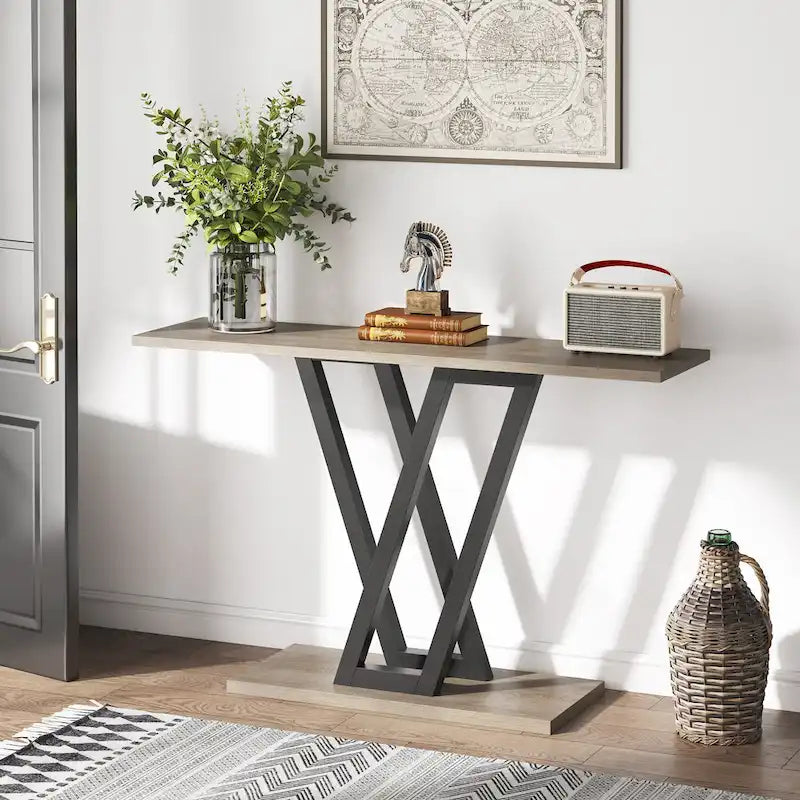 Narrow Industrial Console Table with V-Shaped Metal Frame