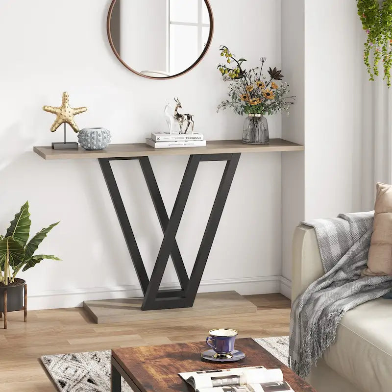 Narrow Industrial Console Table with V-Shaped Metal Frame