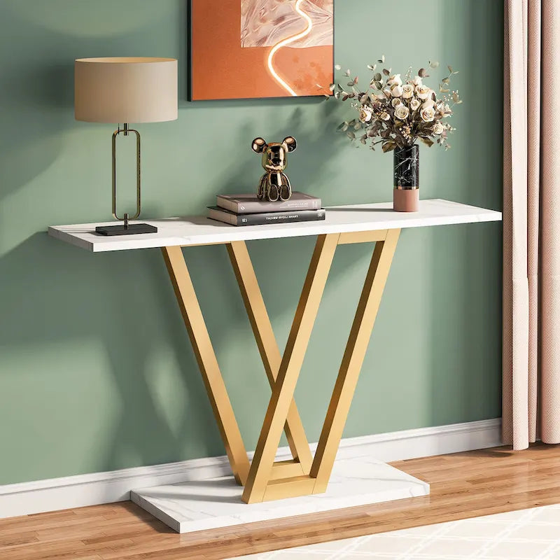 Narrow Industrial Console Table with V-Shaped Metal Frame