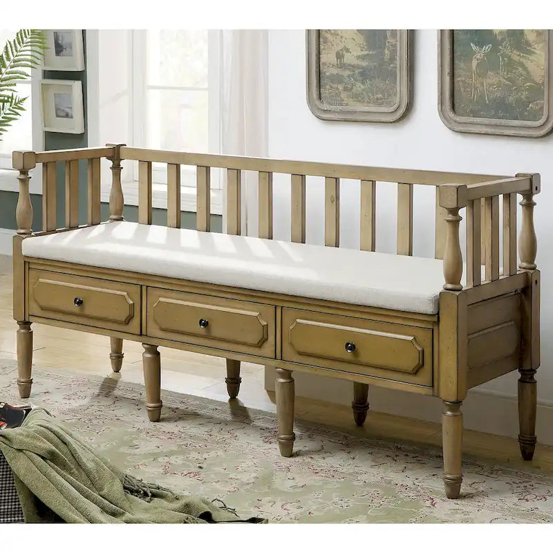 Kram Farmhouse Fabric Padded 3-Drawer Storage Bench by Furniture of America