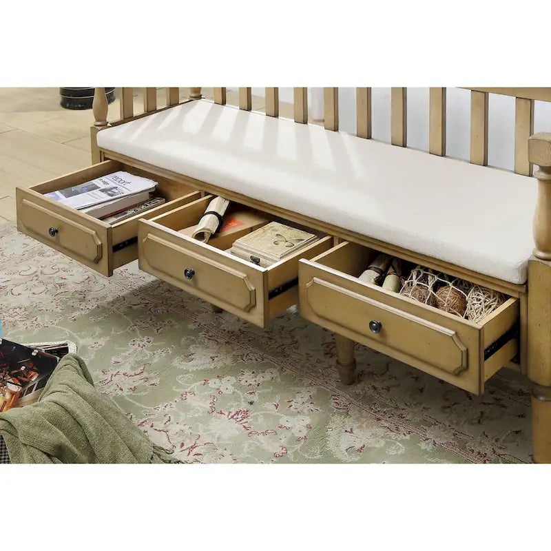 Kram Farmhouse Fabric Padded 3-Drawer Storage Bench by Furniture of America