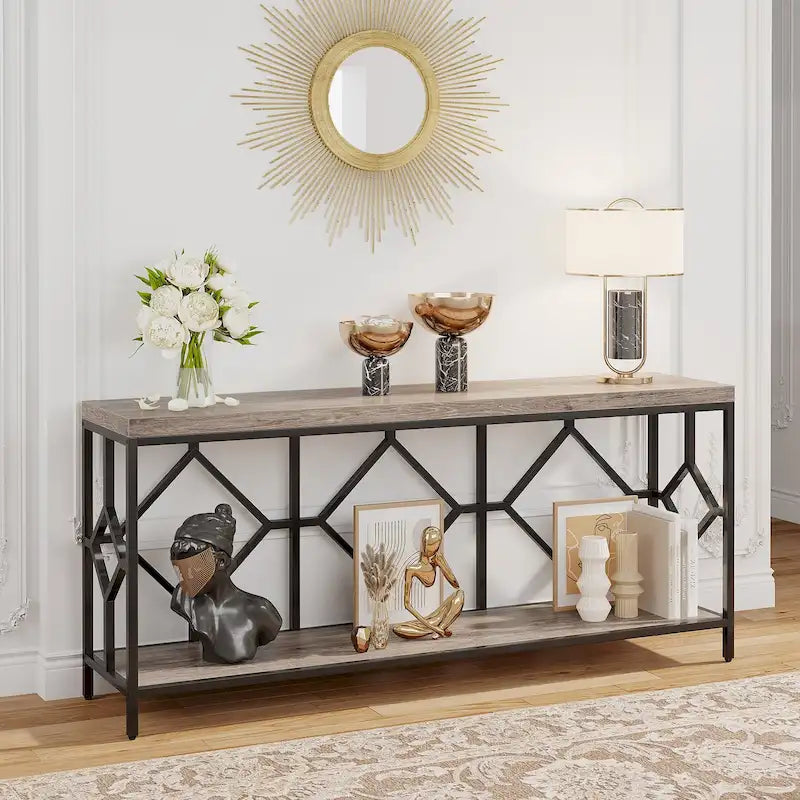 Vintage Brown Industrial Console Table with Open Storage Shelf