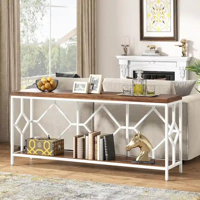 Vintage Brown Industrial Console Table with Open Storage Shelf