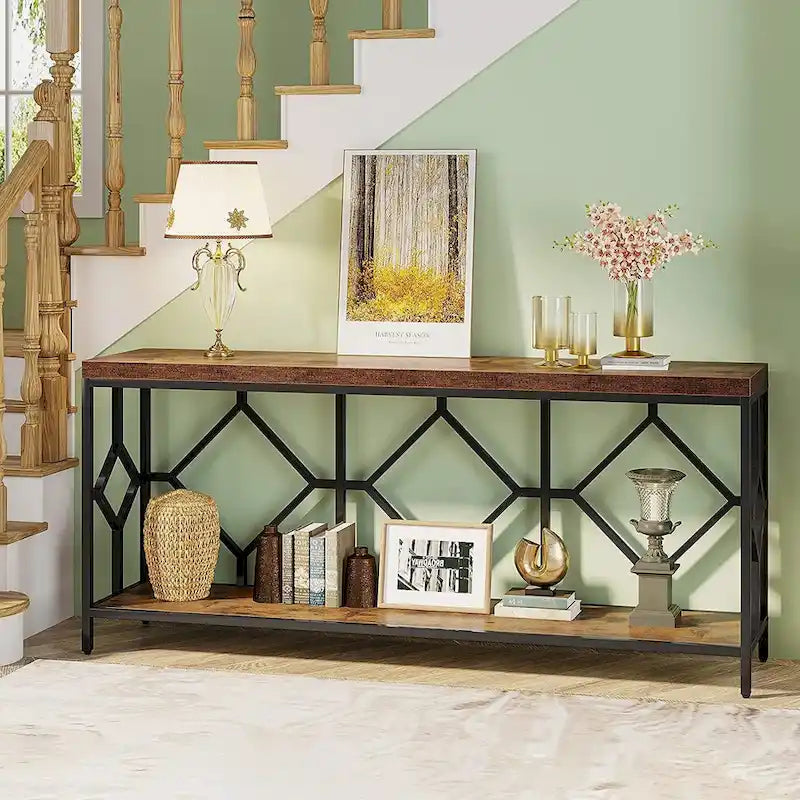 Vintage Brown Industrial Console Table with Open Storage Shelf