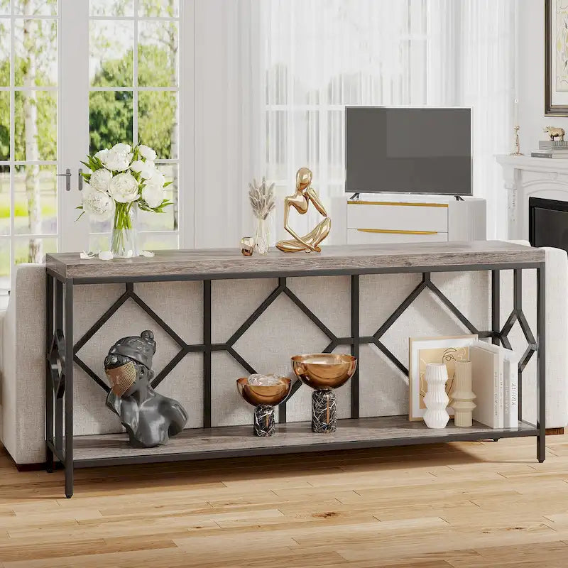 Vintage Brown Industrial Console Table with Open Storage Shelf