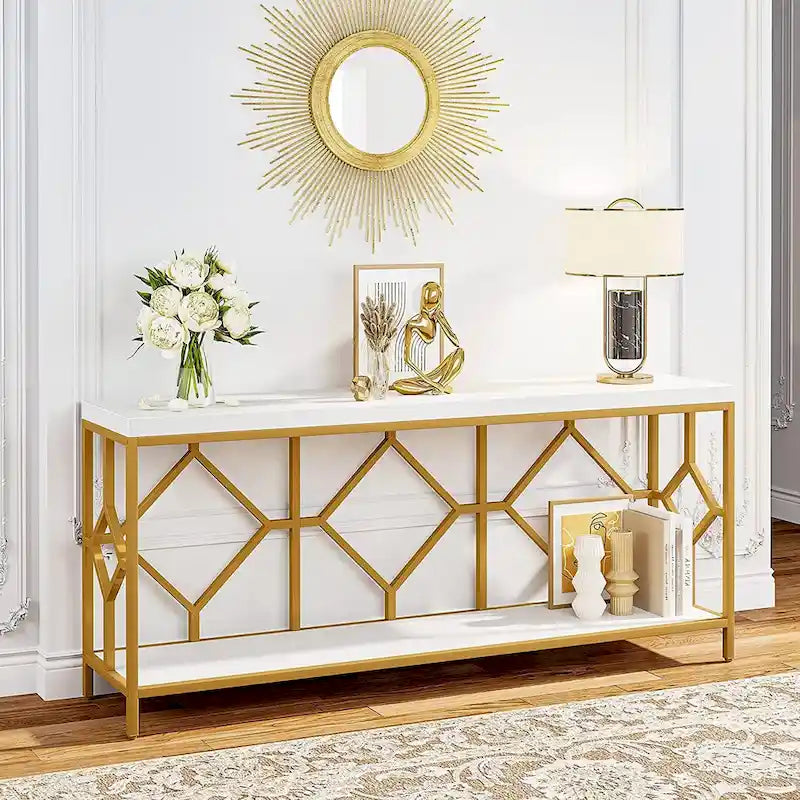 Vintage Brown Industrial Console Table with Open Storage Shelf