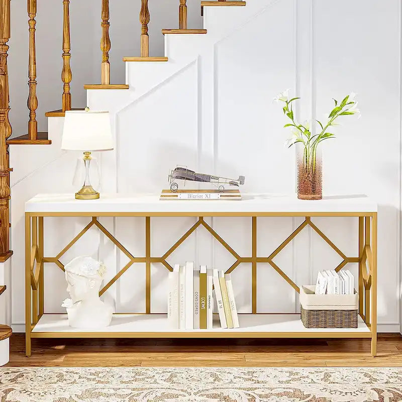 Vintage Brown Industrial Console Table with Open Storage Shelf