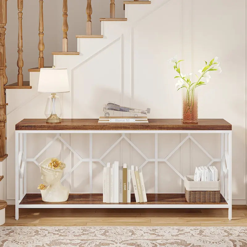 Vintage Brown Industrial Console Table with Open Storage Shelf