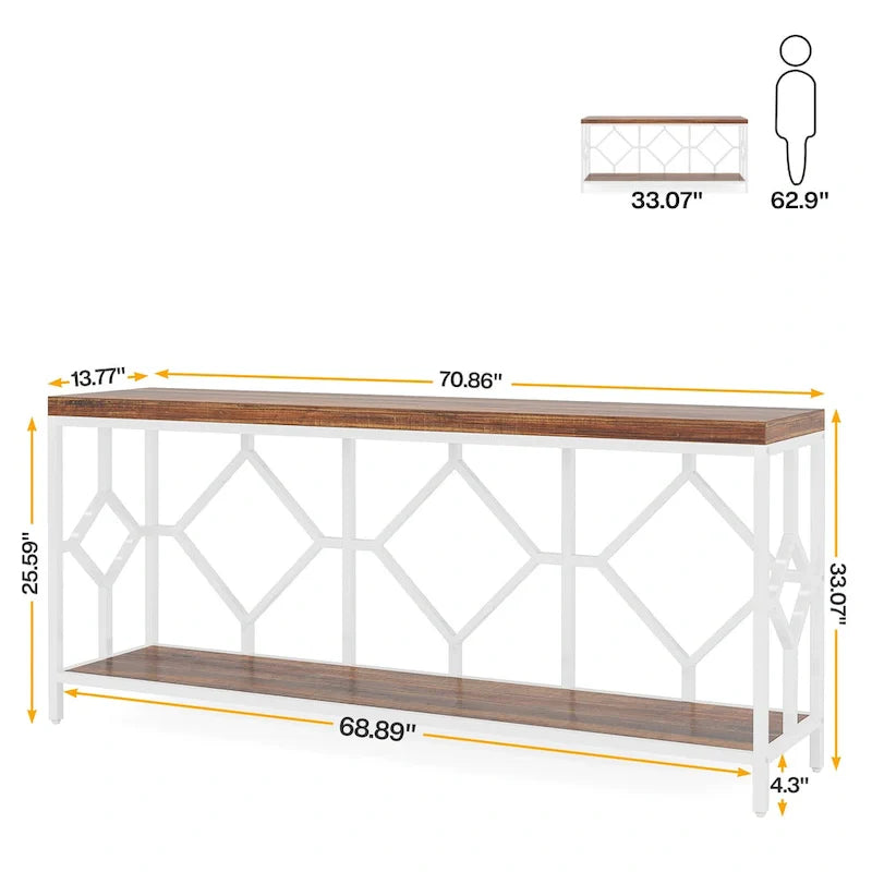 Vintage Brown Industrial Console Table with Open Storage Shelf